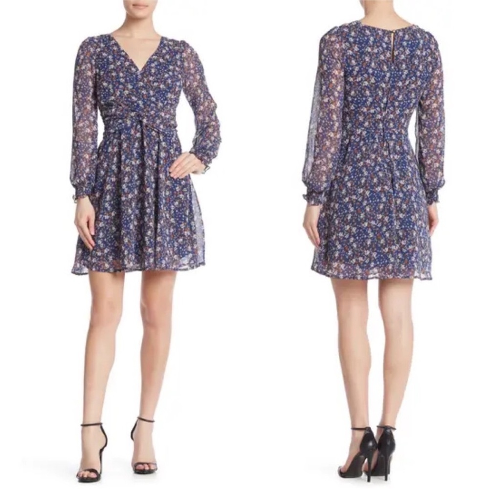 june & hudson Navy Blue Floral Long-Sleeve Mini Dress